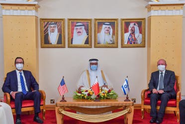 US Treasury Secretary Steven Mnuchin, left, with Bahrain’s Foreign Minister Abdullatif Al Zayani, and Israeli National Security Council head Meir Ben-Shabbat. (Twitter/@bahdiplomatic)