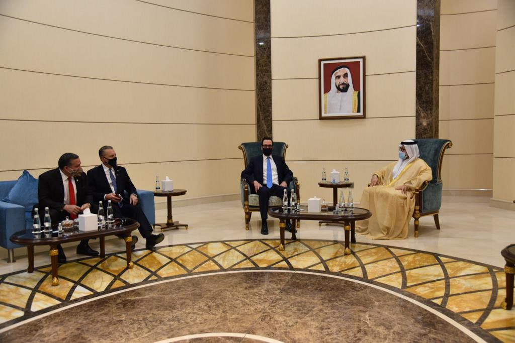 US Treasury Secretary Steven Mnuchin, second right, with Chairman of Abu Dhabi's Economic Development Mohammed Ali Al Shorafa, far right, and US Ambassador to the UAE John Rakolta Jr., second left. (Twitter)
