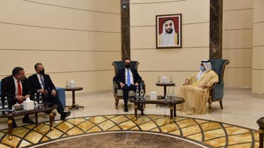 US Treasury Secretary Steven Mnuchin, second right, with Chairman of Abu Dhabi's Economic Development ohammed Ali Al Shorafa, far right, and US Ambassador to the UAE John Rakolta Jr., second left. (Twitter)