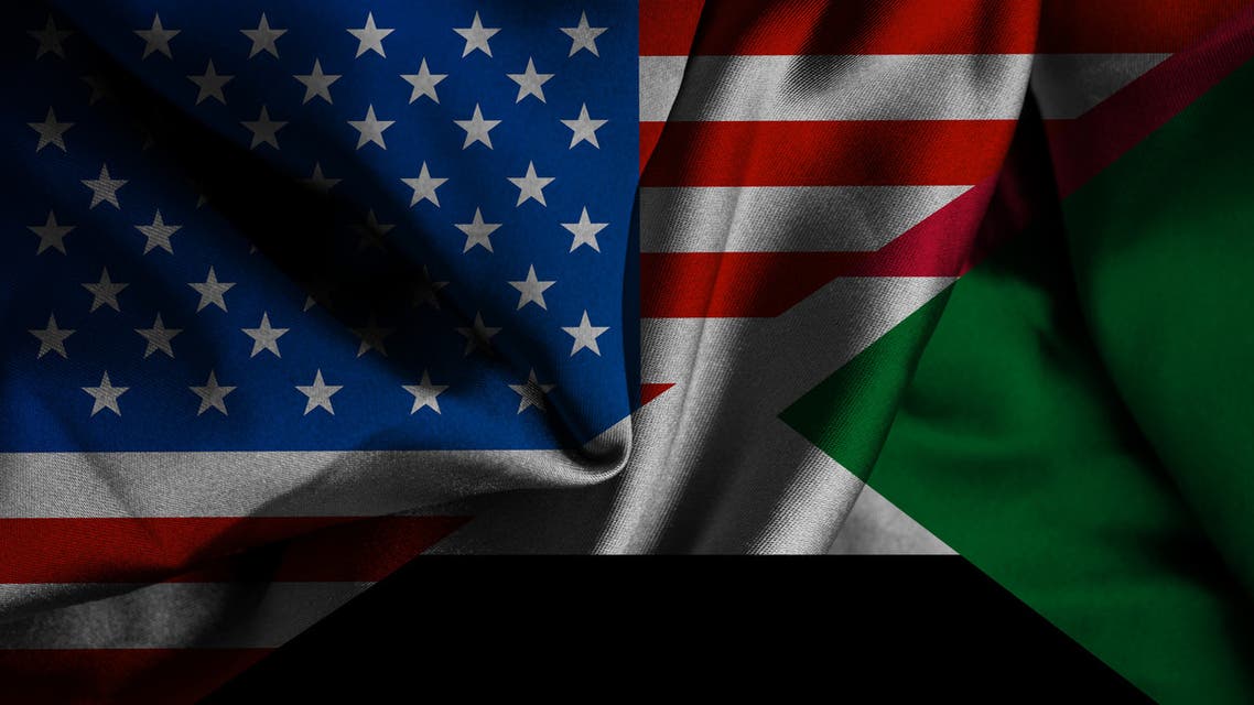 Sudan and United States two flags together textile cloth, fabric texture stock photo