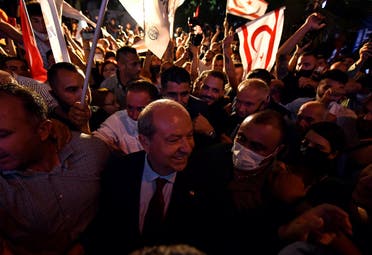 Turkish Cypriot politician Ersin Tatar celebrates his election victory in Turkish-controlled northern Nicosia, Cyprus October 18, 2020. (Reuters)