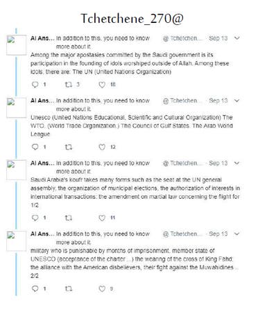 A screenshot of a PDF document showing translations of the tweets allegedly made by the Tchetchene_270 Twitter account, which belonged to Abdullakh Anzorov, the killer of French teacher Samuel Paty. (Screengrab)