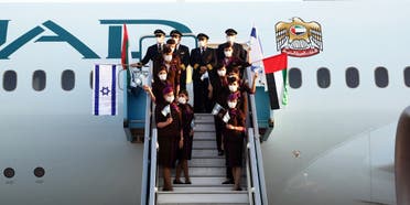 Abu Dhabi's Etihad Airways crew on the airline's first passenger plane to Israel. (Twitter/Etihad)