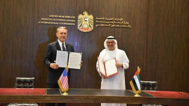 US Ambassador to the UAE John Rakolta Jr., left, with UAE Minister of State for Foreign Affairs Anwar Gargash. (Twitter/USAinUAE)