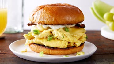 JUST Egg, a scrambled egg imitation made from mung beans by plant-based food startup JUST, is displayed in a burger bun in this handout illustration taken June 28, 2019. (File photo: Reuters)