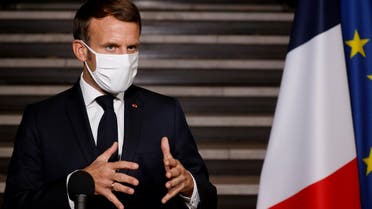 French President Emmanuel Macron speaks in Bobigny, near Paris, France Oct. 20, 2020. (Reuters)