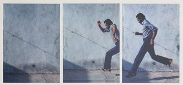 Hassan Sharif, Jumping No. 1 , 1983. 3 of 7 photographs. Collage: photographs, ink and pencil on mounting board. Photo - documentation of a performance in Dubai. (Supplied)