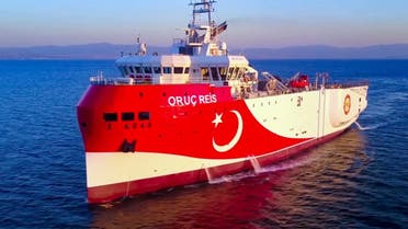 This handout photograph released by the Turkish Defence Ministry on August 12, 2020, shows Turkish seismic research vessel 'Oruc Reis' heading in the west of Antalya on the Mediterranean Sea. (AFP)