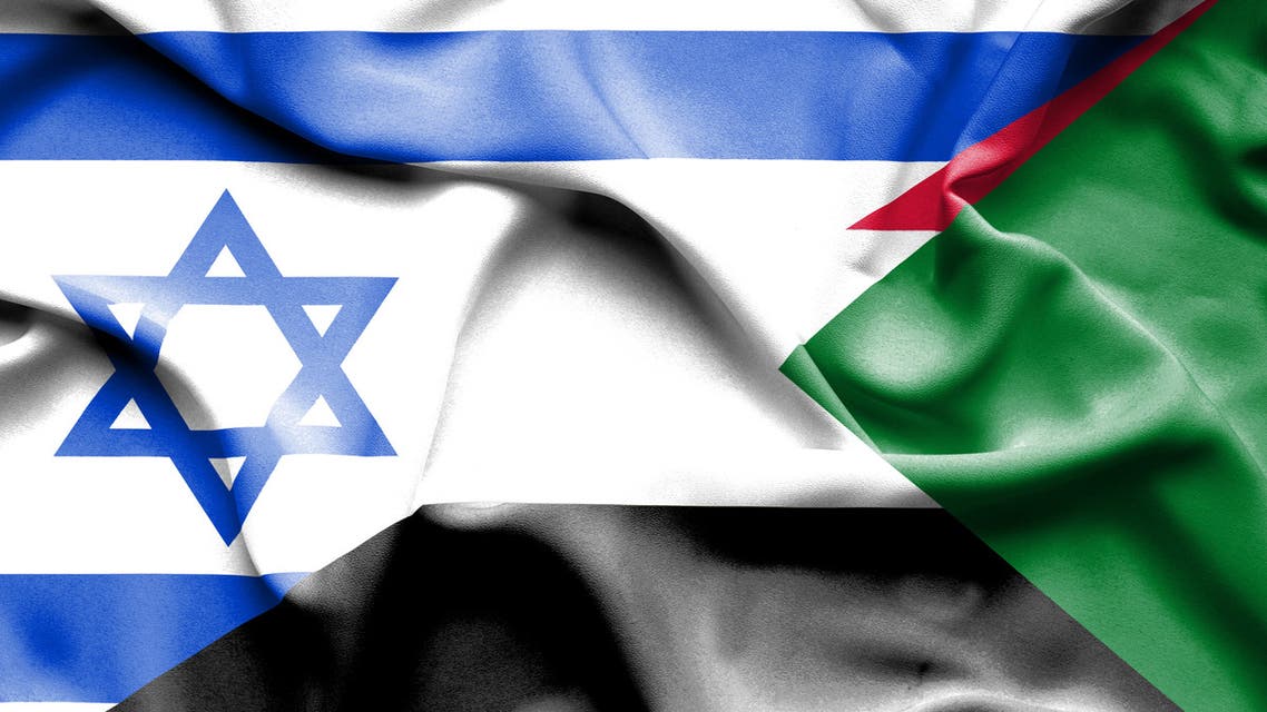 Sudan and Israel two flags together textile cloth, fabric texture stock photo