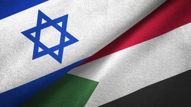 Sudan and Israel two flags together textile cloth, fabric texture stock photo