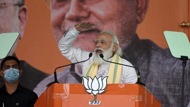 India’s Prime Minister Narendra Modi gestures as he addresses his supporters during an election campaign meeting ahead of state assembly election in Dehri, eastern state of Bihar, India, on October 23, 2020. (Reuters)