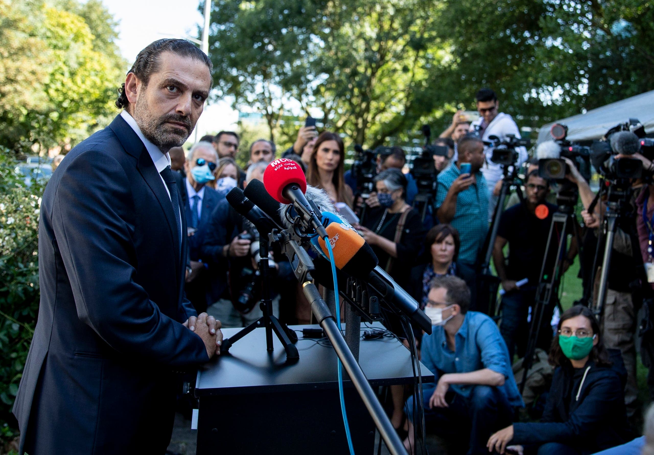 Former Lebanese Prime Minister Saad Hariri addresses the media on Aug. 18, 2020. (AP)