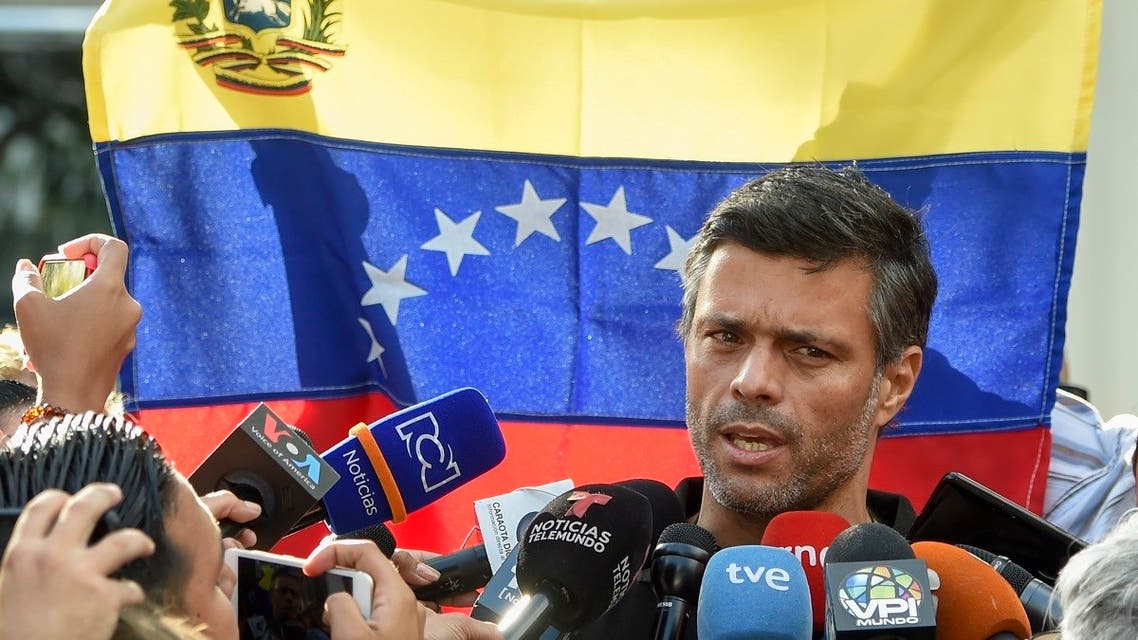 In this file photo taken on May 02, 2019, Venezuelan high-profile opposition politician Leopoldo Lopez speaks outside the Spanish embassy in Caracas, where he sought refuge. (Juan Barreto/AFP)