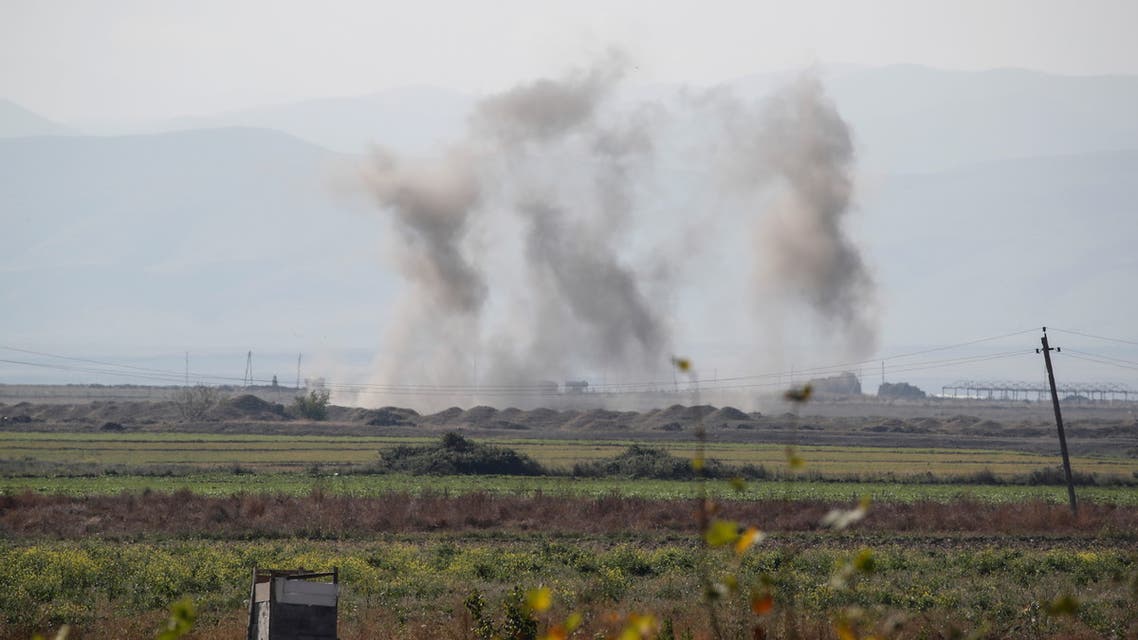 Smoke rises as targets are hit by shelling during the fighting over the breakaway region of Nagorno-Karabakh near the city of Terter, Azerbaijan October 23, 2020. REUTERS/Umit Bektas
