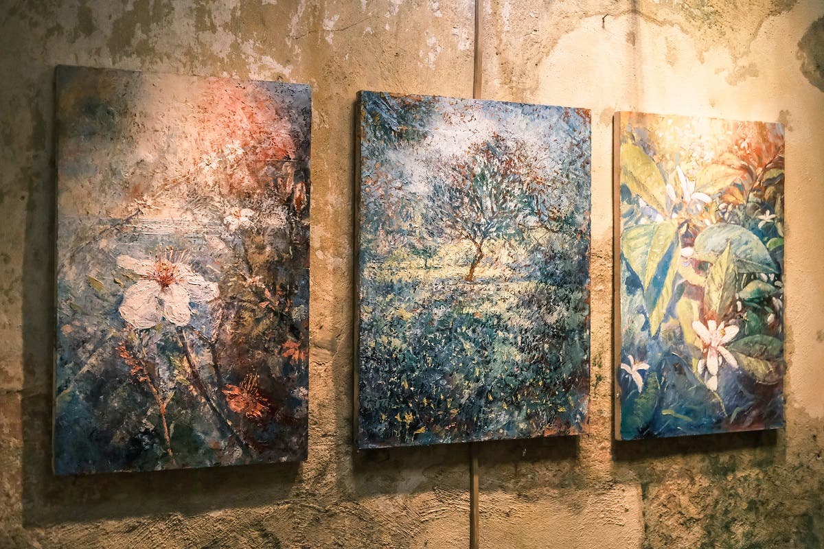 A mother nature triptych shown at the ‘REVIVAL’ exhibition at the Hammam Al-Jadeed. (Karim Sakr)