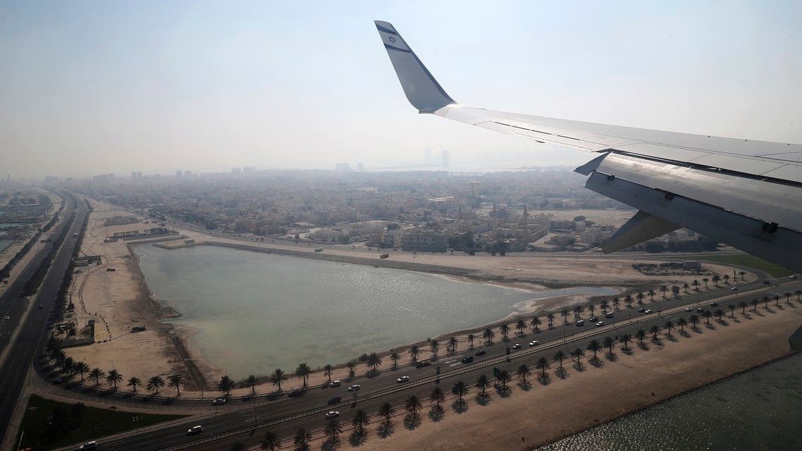 An Israeli flag carrier El Al airliner carrying a joint American-Israeli delegation prepares to land in Muharraq, Bahrain. (AP)