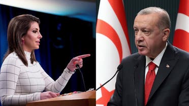 State Department Spokesman Morgan Ortagus, left, and Turkish President Recep Tayyip Erdogan, right. (AP)