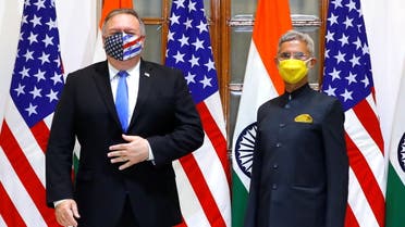 US Secretary of State Mike Pompeo and India’s Foreign Minister Subrahmanyam Jaishankar stand during a photo opportunity ahead of their meeting at Hyderabad House in New Delhi. (Reuters)