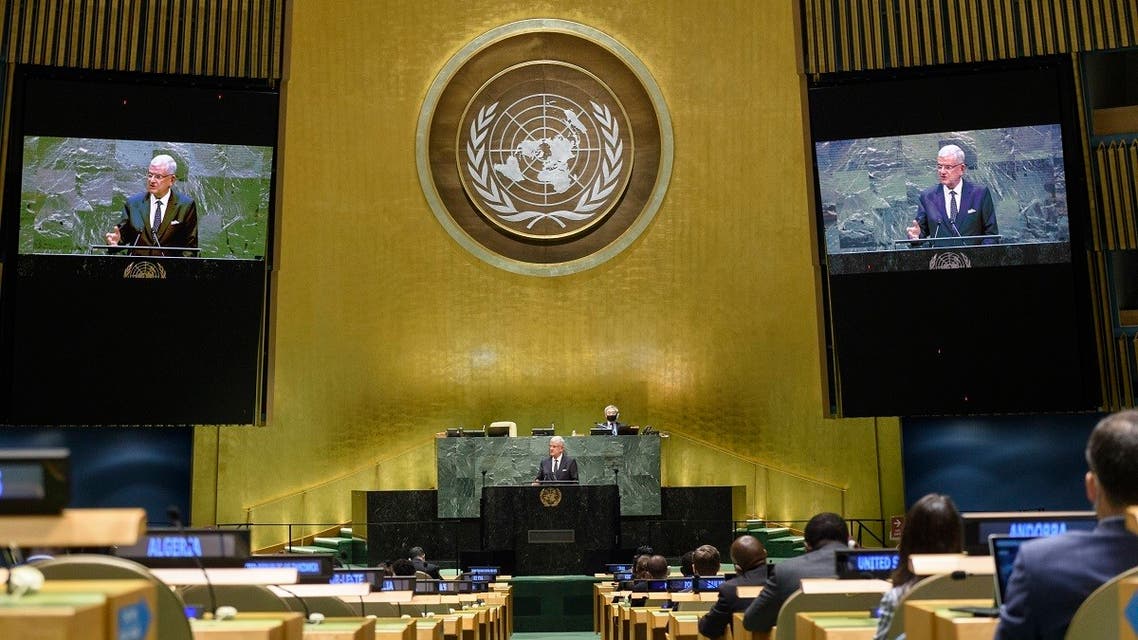This UN handout photo shows Volkan Bozkir, President of the seventy-fifth session of the United Nations General Assembly, delivers closing remarks to the general debate of the 75th session of the United Nations General Assembly. (AFP)