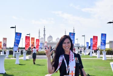 Italian producer Benedetta Paravia during the 2019 Special Olympics, in front of the Sheikh Zayed Grand Mosque in Abu Dhabi. (Supplied)