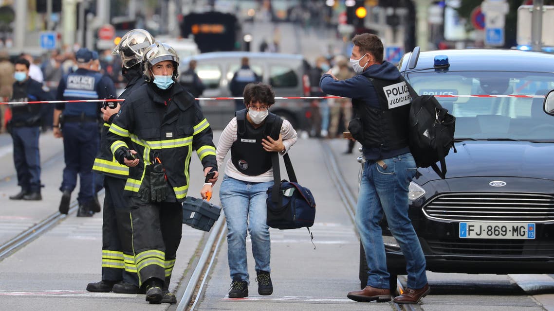 Police and fire authorities at the scene of the stabbing in Nice, France, October 29, 2020. (AFP)