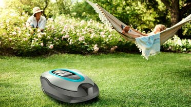 A robot lawnmower from  Gardena, known for innovative gardening tools and watering systems. (AP) 