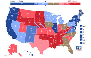 A map of the Electoral College votes for each state and the projected outcomes. (270TOWIN)