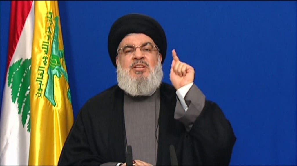 An image grab taken from Hezbollah's al-Manar TV on May 4, 2020, shows Hassan Nasrallah, the head of Lebanon's powerful Shiite Muslim movement Hezbollah, delivering a televised address from an undisclosed location in Lebanon. (AFP)