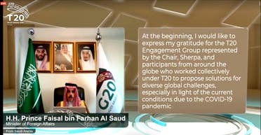 Prince Faisal, Saudi Arabia's Minister of Foreign Affairs, at the virtual communique handover ceremony. (Screengrab)