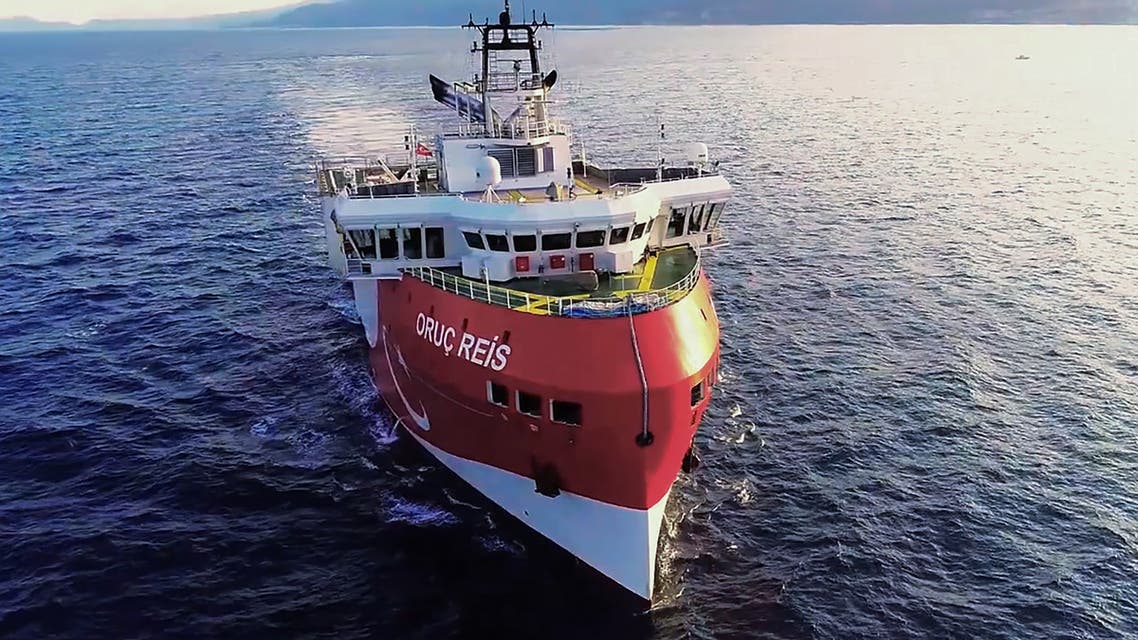 This handout photograph released by the Turkish Defence Ministry on August 12, 2020, shows Turkish seismic research vessel 'Oruc Reis' heading in the west of Antalya on the Mediterranean Sea. Greek Prime Minister on August 12, 2020 urged Turkey to show logic in a naval showdown in the Eastern Mediterranean over energy exploration which he warned could lead to a military accident. Tensions were stoked on August 10 when Ankara dispatched the research ship Oruc Reis accompanied by Turkish naval vessels off the Greek island of Kastellorizo in the eastern Mediterranean.