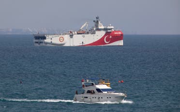 A view of Turkey's research vessel, Oruc Reis anchored off the coast of Antalya on the Mediterranean on Sept. 27, 2020. (AP)