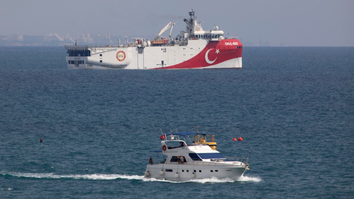 A view of Turkey's research vessel, Oruc Reis anchored off the coast of Antalya on the Mediterranean, Turkey, Sunday, Sept. 27, 2020. Turkey's President Recep Tayyip Erdogan said last week that Oruc Reis was withdrawn from a disputed area of the eastern Mediterranean that has been at the heart of a summer stand-off between Turkey and Greece over energy rights. (AP Photo/Burhan Ozbilici)