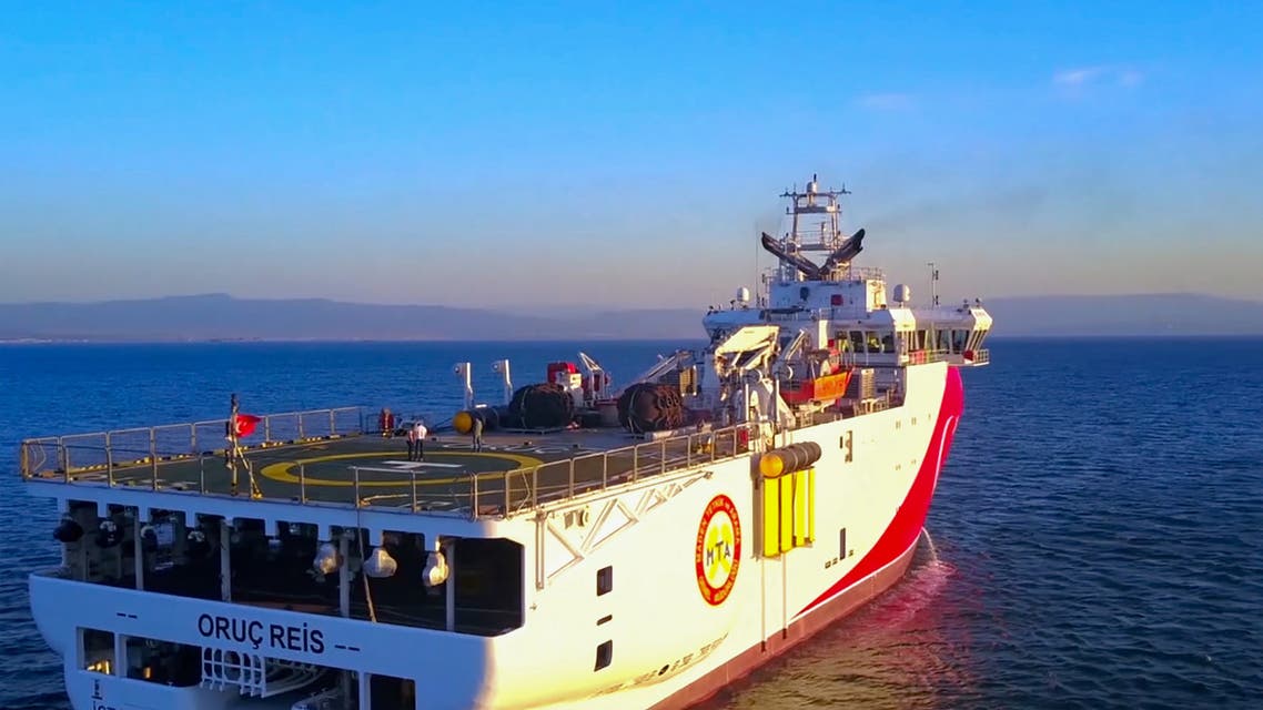 This handout photograph released by the Turkish Defence Ministry on August 12, 2020, shows Turkish seismic research vessel 'Oruc Reis' heading in the west of Antalya on the Mediterranean Sea.