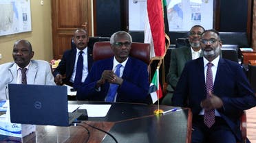Sudan’s Minister of Irrigation and Water Resources Yasser Abbas (C) participates in a videoconference with his Egyptian and Ethiopian counterparts (unseen) in Khartoum, Sudan, November 1, 2020. (Ebrahim Hamid/AFP)