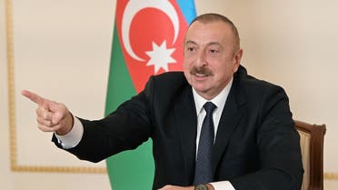 Azerbaijan’s President Aliyev during an address to the nation in Baku, Azerbaijan, in this picture released October 26, 2020. (Official web-site of President of Azerbaijan/Handout via Reuters)