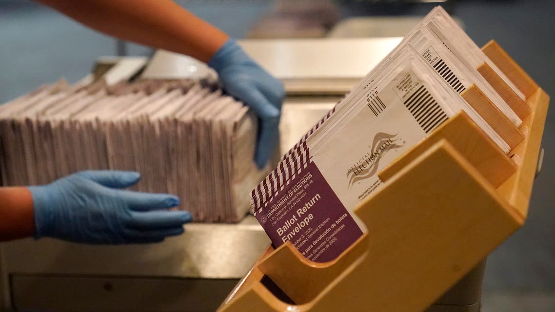 Envelopes containing ballots are shown at a San Francisco Department of Elections at a voting center in San Francisco, Sunday, Nov. 1, 2020. (AP)