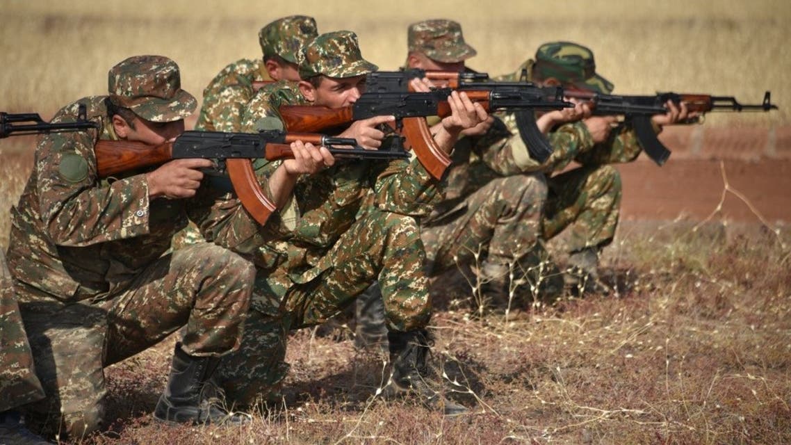 Reservists undergo a military training before leaving for the frontline in Nagorno-Karabakh, at a range in Armenia's Armavir region on October 27, 2020. (AFP)