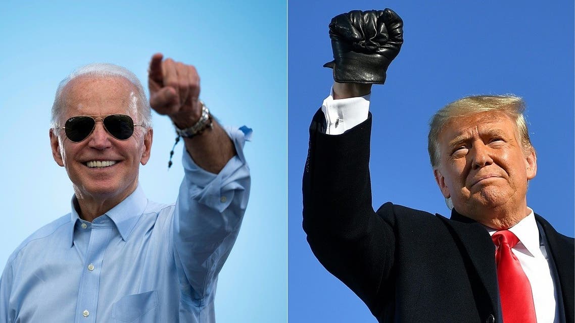 Democratic presidential candidate Joe Biden gestures prior to delivering remarks in Florida, on Oct. 29, 2020 and US President Donald Trump pumps his fist at campaign rally in Wisconsin, Oct. 30, 2020. (AFP)