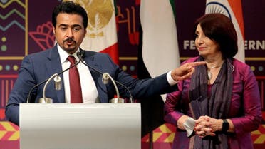 The chairman of the Sharjah Book Authority, Ahmed AL Ameri (L), speaks next to the director-general of Guadalajara International Book Fair, Marisol Schulz, during the presentation of Sharjah as a guest city of the 2020 Guadalajara International Book Fair, during the fair in Guadalajara, Mexico, on December 8, 2019. (AP)