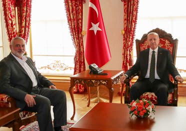 Turkey's President Recep Tayyip Erdogan (R) and Hamas's political bureau chief Ismail Haniya (L) during their meeting in Istanbul, December 14, 2019. (AFP)