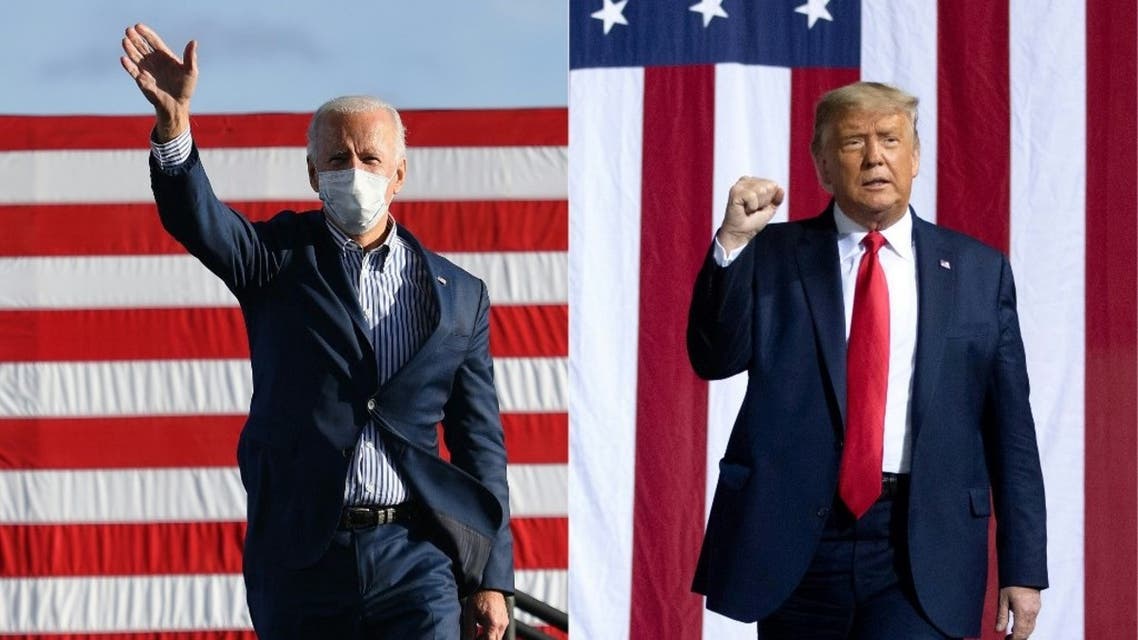 Democratic presidential nominee Joe Biden waves to supporters in Dallas, Pennsylvania, on October 24, 2020, and US President Donald Trump arrives to hold a rally as he campaigns in North Carolina, October 21, 2020. (AFP)