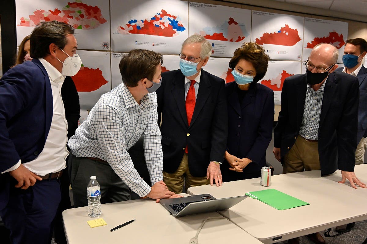 Senate Majority Leader Mitch McConnell, center, talks with a staff member as they gather around to watch the results of his reelection campaign in Louisville, Ky., Nov. 3, 2020. (AP)