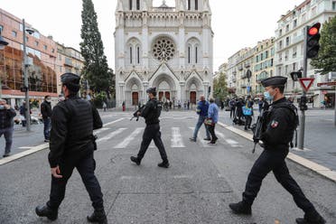French gendarmes secure the area around the Notre-Dame de l'Assomption Basilica in Nice on October 31, 2020, two days after a knife attacker killed three people. (AFP)