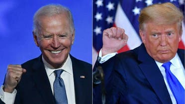 Democratic presidential nominee Joe Biden (L) in Wilmington, Delaware, and US President Donald Trump (R) in Washington, DC both pumping their fist during an election night speech early November 4, 2020. (AFP)