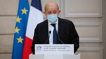French Foreign minister Jean-Yves Le Drian speaks during a press conference following a Defence Council at the Elysee Palace in Paris on October 30, 2020. 