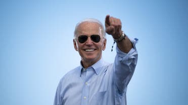 Democratic Presidential candidate and former US Vice President Joe Biden gestures prior to delivering remarks at a Drive-in event in Coconut Creek, Florida, on October 29, 2020. (AFP)
