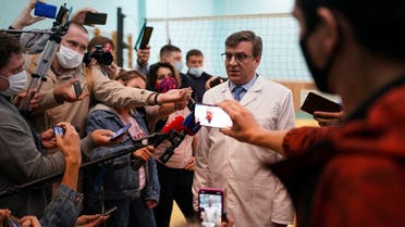 Alexander Murakhovsky, chief doctor at Omsk Emergency Hospital No. 1 where Navalny was admitted, speaks to the media in Omsk on August 21, 2020. (Dimitar Dilkoff/AFP)