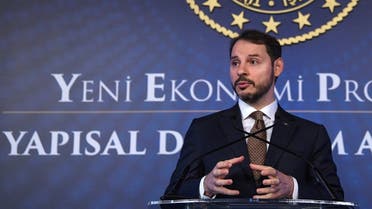Turkish Treasury and Finance Minister Berat Albayrak addresses a press conference to announce his new economic policy and reforms in Istanbul on April 10, 2019. (Ozan Kose/AFP)