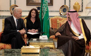 Then- US Vice President Joe Biden, right, offers his condolences to then-Prince Salman bin Abdulaziz upon the death of on his brother Saudi Crown Prince Sultan bin AbdulAziz Al Saud on Oct. 27, 2011. (File photo: AP)