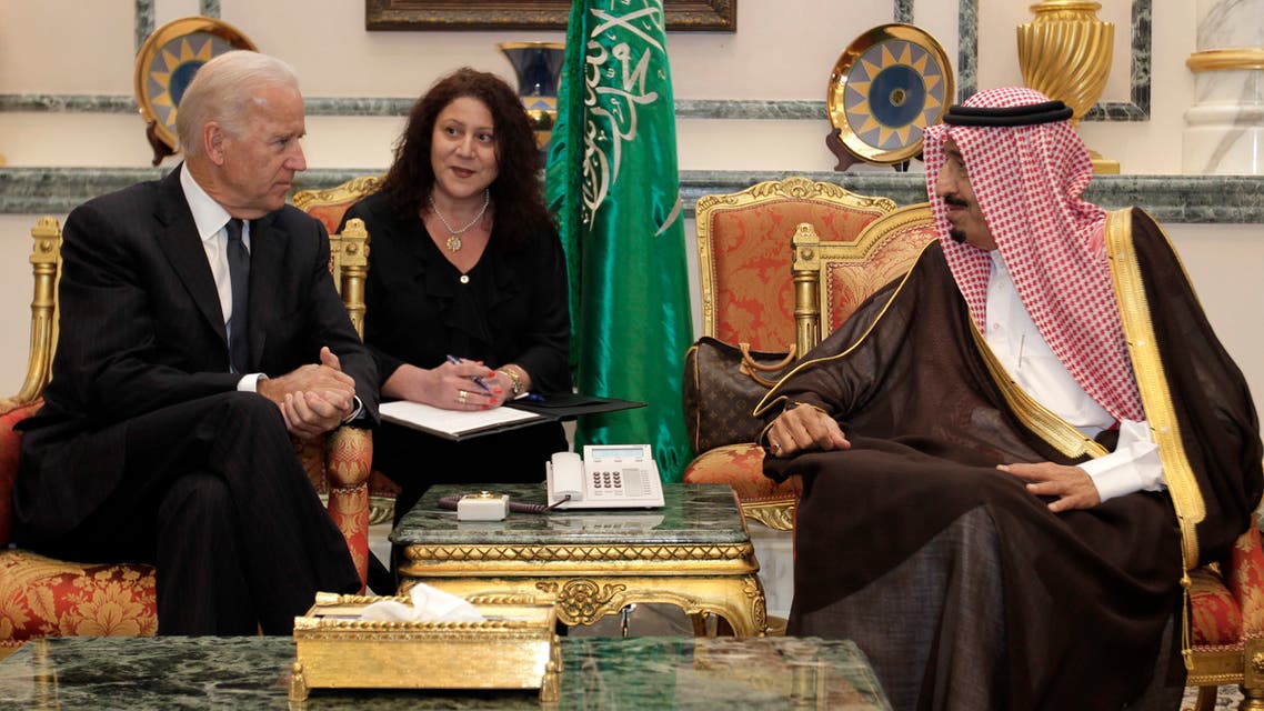 Then- US Vice President Joe Biden, right, offers his condolences to then-Prince Salman bin Abdulaziz upon the death of on his brother Saudi Crown Prince Sultan bin AbdulAziz Al Saud on Oct. 27, 2011. (File photo: AP)
